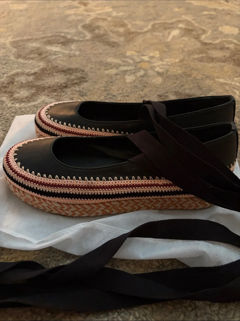 Women’s Ulla Johnson Black Yelena Crochet Espadrille Ballet Flats with Pink Trim